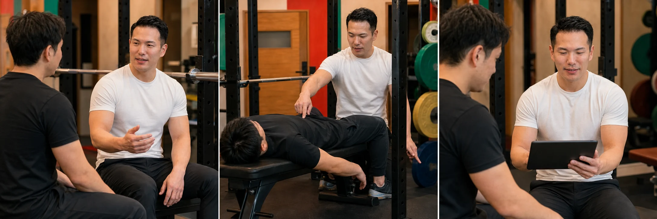 岡田トレーナーとの相談、フォーム確認、練習計画の確認を3場面で示した再現イメージ