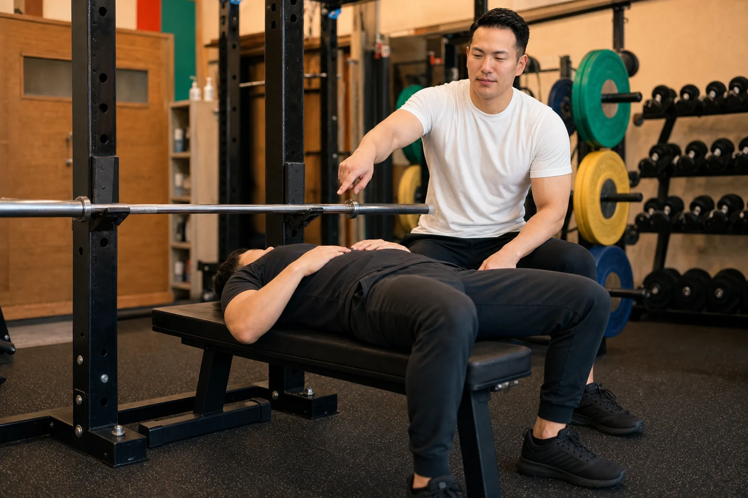 岡田トレーナーがベンチプレスのセットアップを説明する再現イメージ