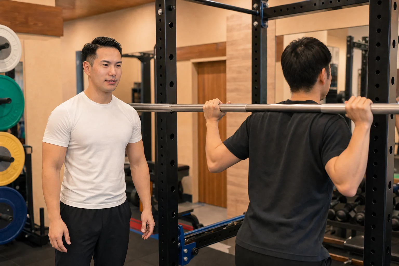 岡田トレーナーが軽い重量でスクワットのフォームを確認する再現イメージ
