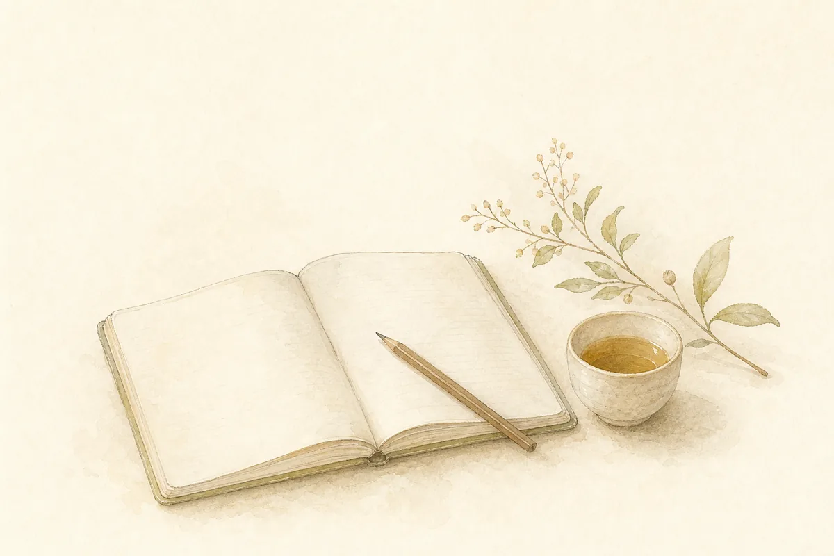 考えごとをする時間を表した、ノートとお茶のイメージイラスト