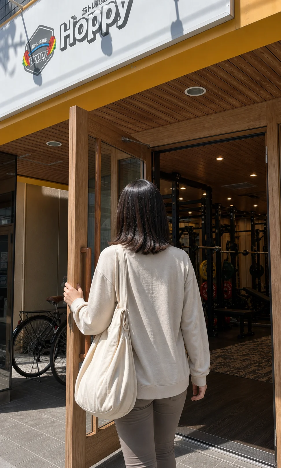 筋トレ倶楽部Hoppyの入口へ向かう女性の後ろ姿を表現したイメージ写真