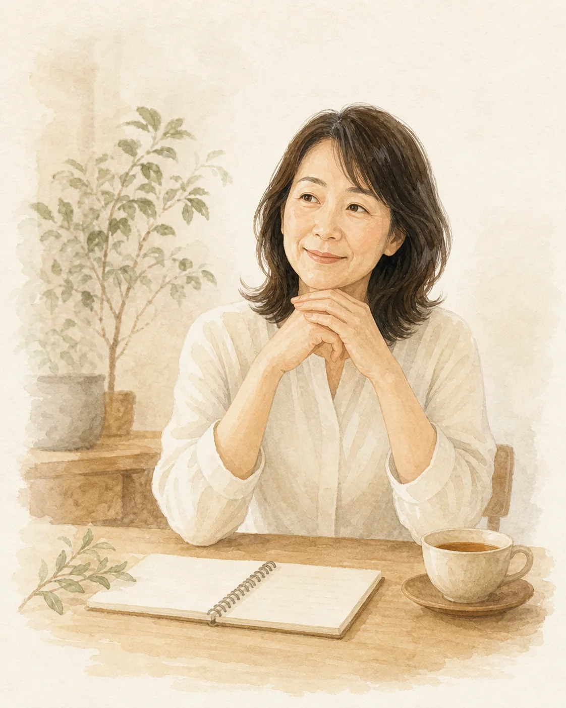 相談者の話に穏やかに耳を傾ける50代女性を表現したイメージイラスト
