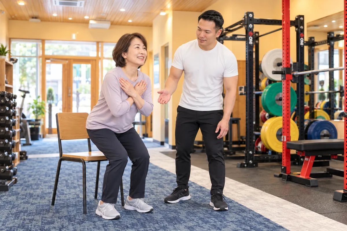 椅子の前でスクワットをする会員を、トレーナーの岡田が横で見ている様子