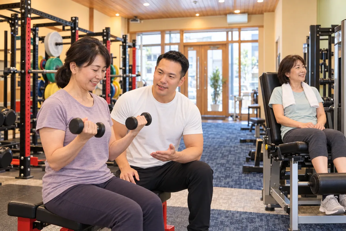 トレーナーの岡田が、別々のメニューで動く2人の会員を見ている様子