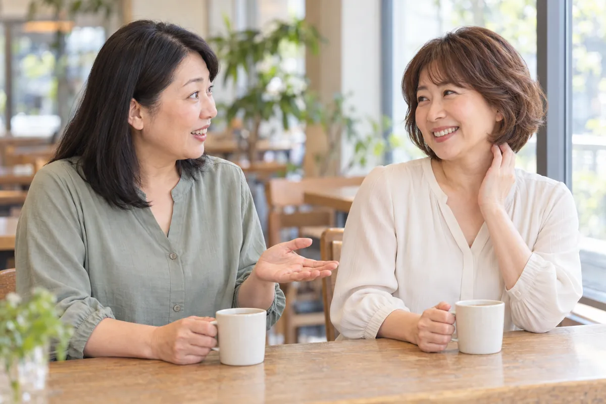 カフェで友だちに「痩せた?」と驚かれ、照れながら笑う会員
