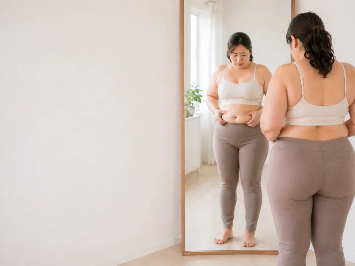 鏡の前でお腹まわりを確認する女性