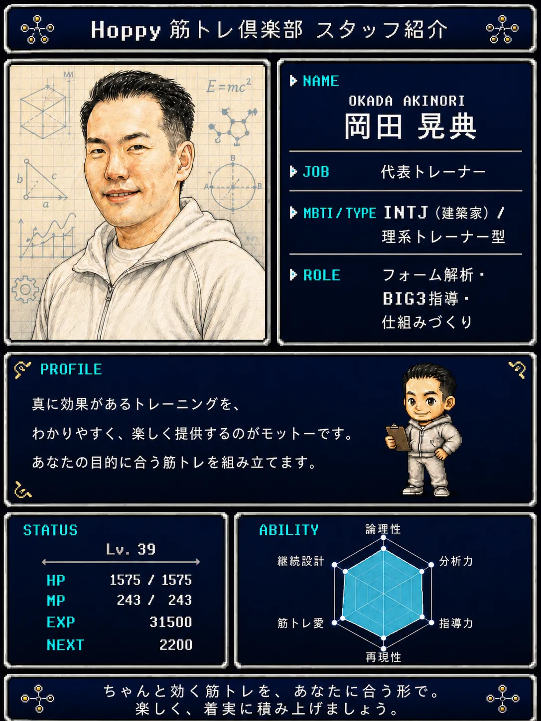 岡田晃典のステータス風プロフィール画像