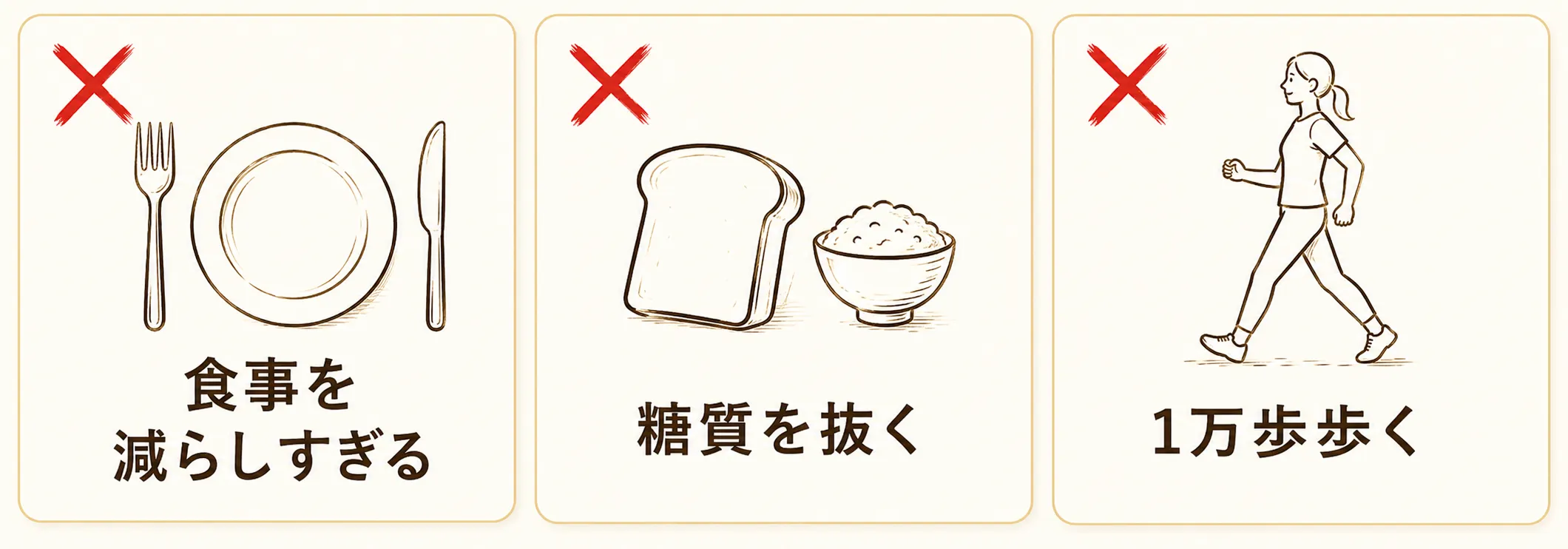 食事を減らしすぎる、糖質を抜く、1万歩歩く