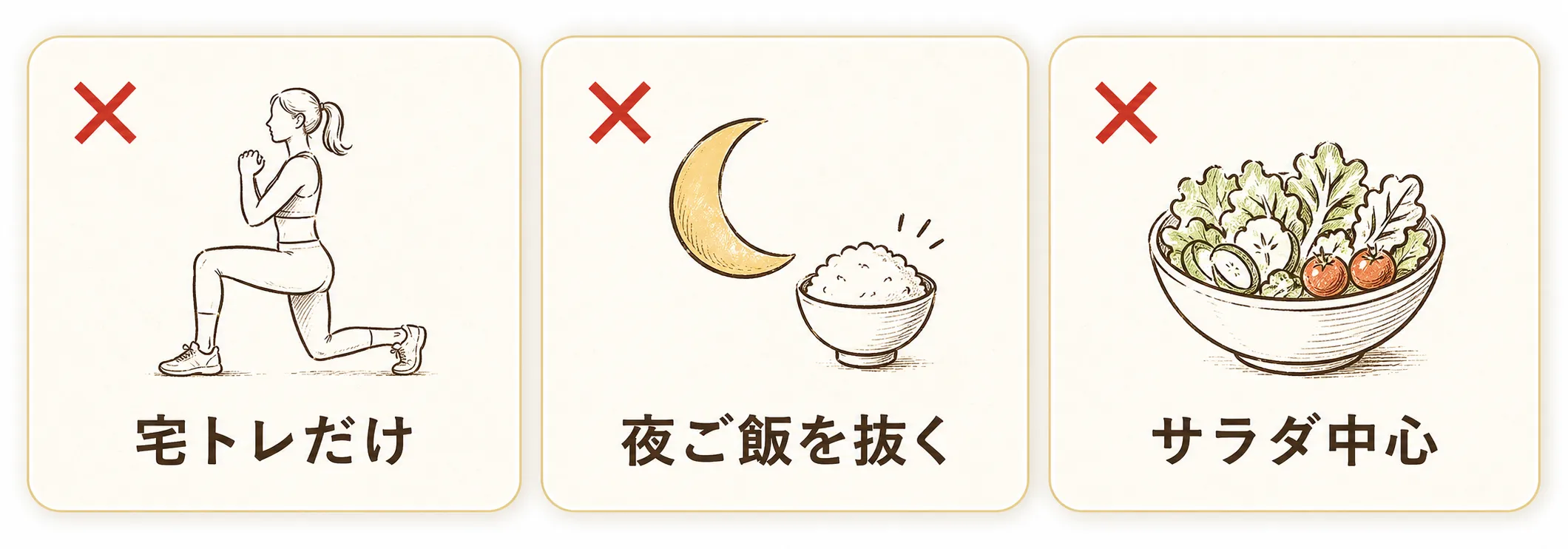宅トレだけ、夜ご飯を抜く、サラダ中心